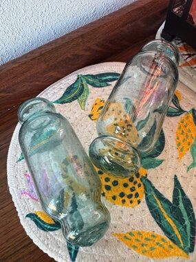 2 glass fishing floats “rolling pins” vintage Handblown Aqua Glass 5” & 5.5”